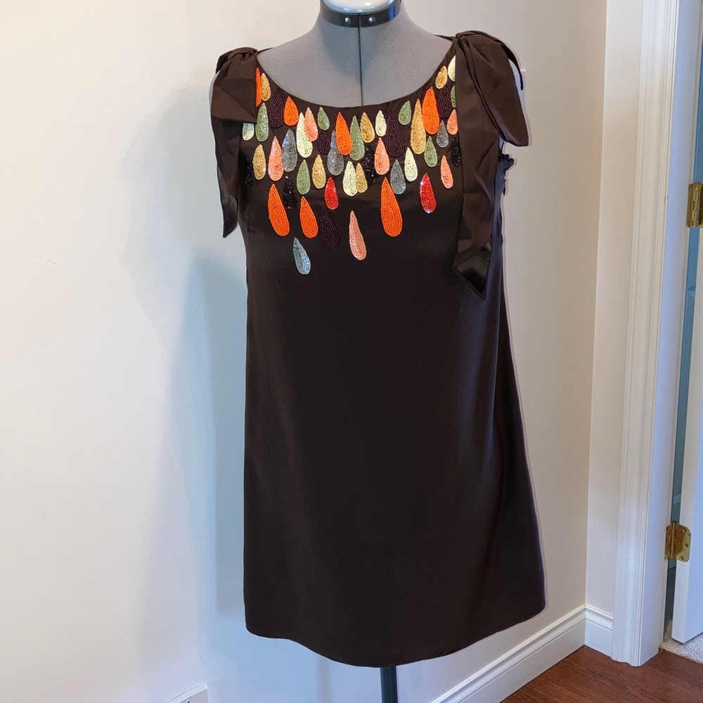 Milly of New York silk knee length or mini dress, sequins/beads/bow, sleeveless